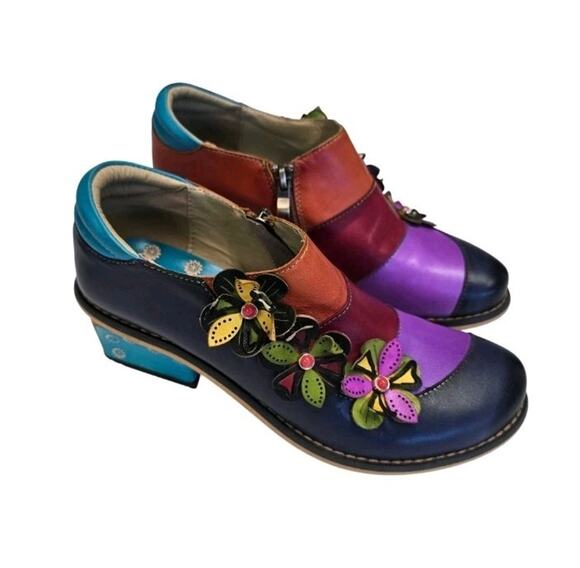 Socofy Shoes - Socofy Women's Size 38 Floral Patchwork Leather Mary Jane Block Heel Shoes Zip